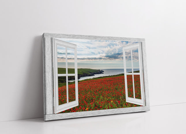 Poppy fields near Polly Joke beach Crantock window frame style canvas picture.
