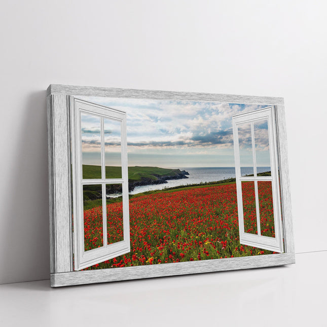 Poppy fields near Polly Joke beach Crantock window frame style canvas picture.