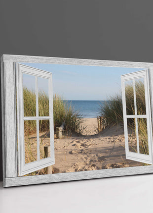 Window frame beach path to the sea. Canvas picture print