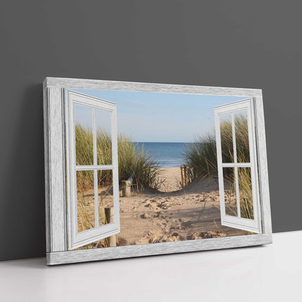 Window frame beach path to the sea. Canvas picture print