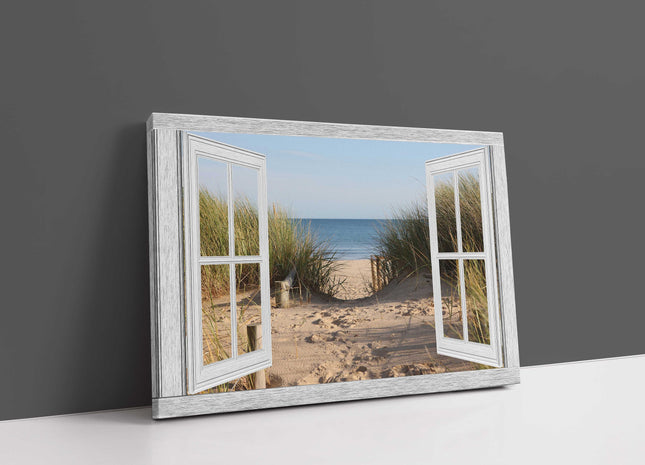 Window frame beach path to the sea. Canvas picture print