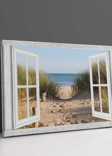 Window frame beach path to the sea. Canvas picture print