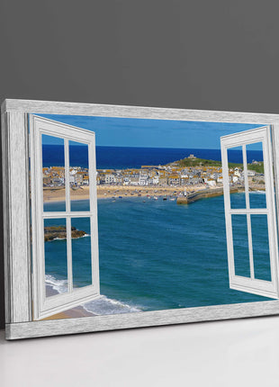 through window frame at st ives harbour blue open window canvas picture print