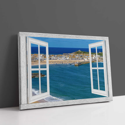 through window frame at st ives harbour blue open window canvas picture print