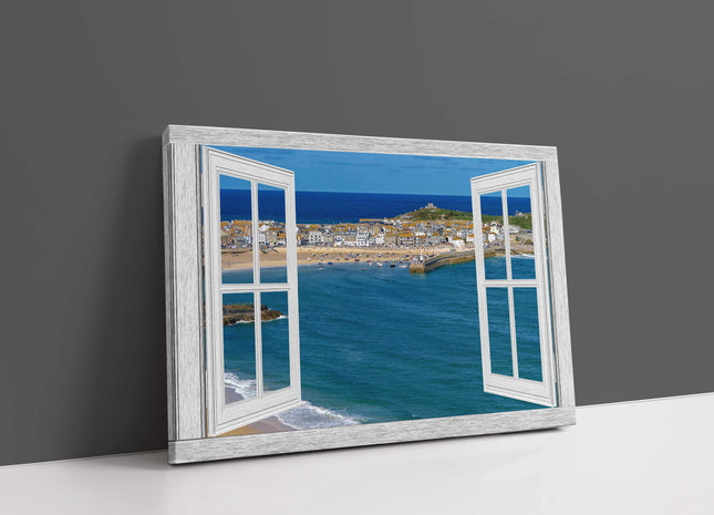 through window frame at st ives harbour blue open window canvas picture print