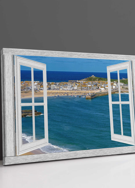 through window frame at st ives harbour blue open window canvas picture print