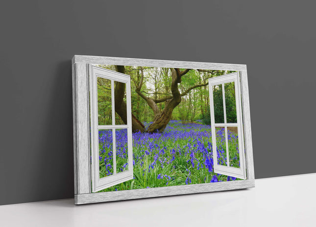 Bluebells in the forest. Window frame Canvas Print.