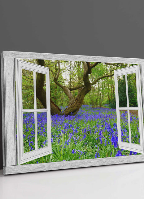 Bluebells in the forest. Window frame Canvas Print.