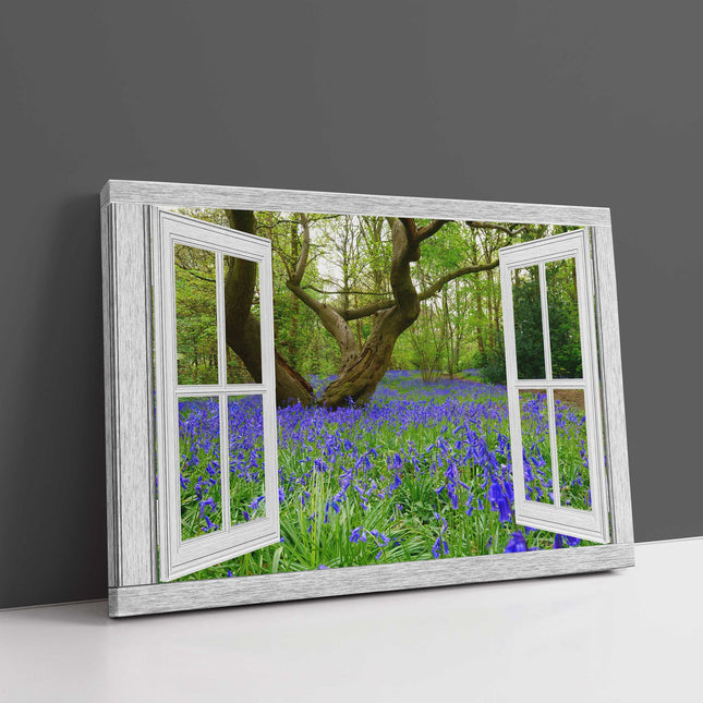 Bluebells in the forest. Window frame Canvas Print.
