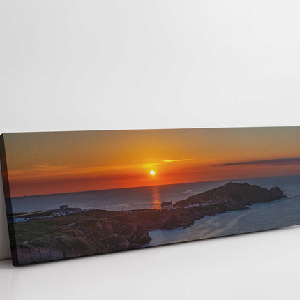 Sunset at Little Fistral and Headland. Newquay. Panoramic canvas picture print.