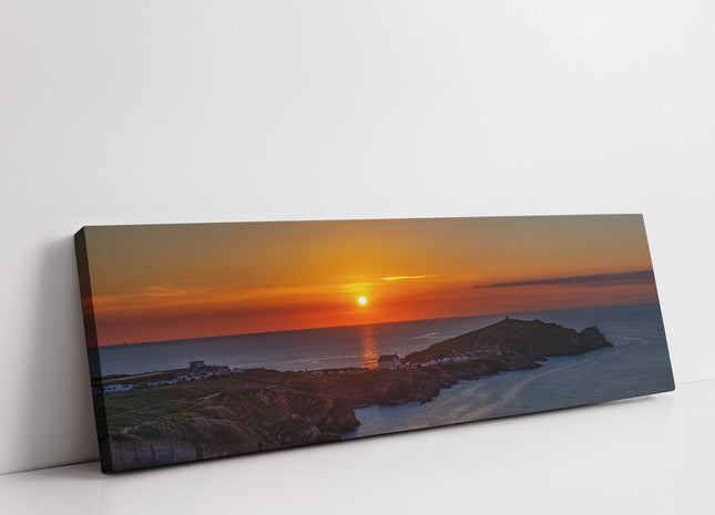 Sunset at Little Fistral and Headland. Newquay. Panoramic canvas picture print.