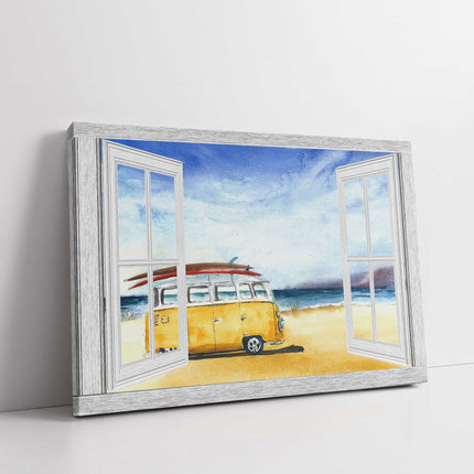 Window frame style Canvas Picture Print. Campervan at the beach.
