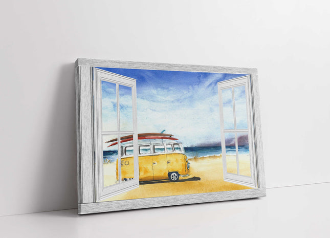 Window frame style Canvas Picture Print. Campervan at the beach.