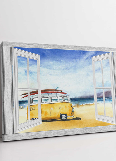 Window frame style Canvas Picture Print. Campervan at the beach.