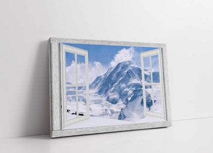 Window frame style Canvas picture print. Snow covered mountains. Winter scene.