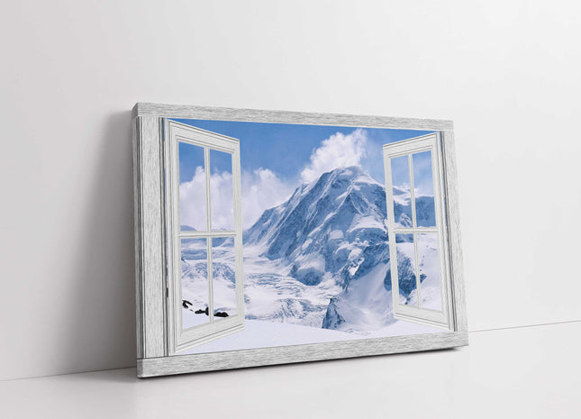 Window frame style Canvas picture print. Snow covered mountains. Winter scene.