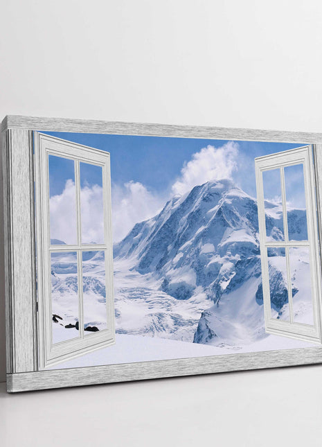 Window frame style Canvas picture print. Snow covered mountains. Winter scene.