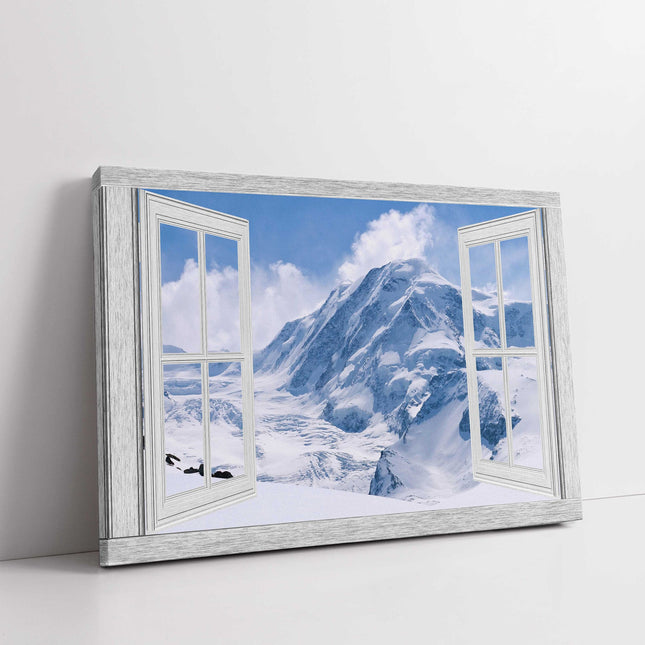 Window frame style Canvas picture print. Snow covered mountains. Winter scene.