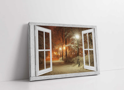 Window frame style Canvas picture print. Winter scene at night. Tree lined path.