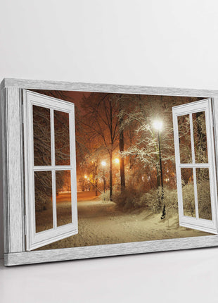 Window frame style Canvas picture print. Winter scene at night. Tree lined path.
