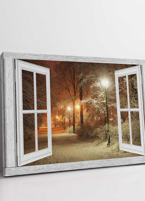 Window frame style Canvas picture print. Winter scene at night. Tree lined path.