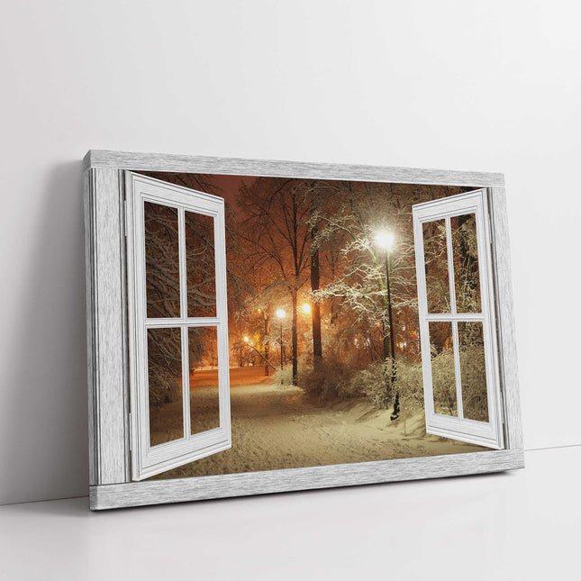 Window frame style Canvas picture print. Winter scene at night. Tree lined path.
