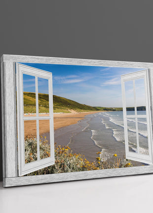 Window frame style of Woolacombe beach Devon canvas picture print