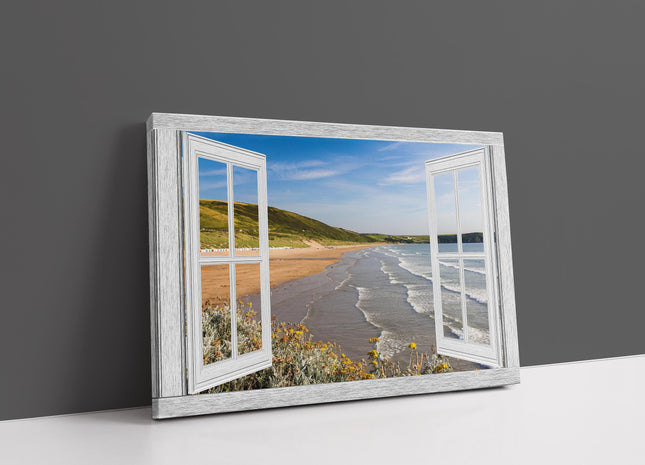 Window frame style of Woolacombe beach Devon canvas picture print