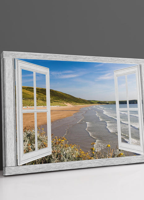Window frame style of Woolacombe beach Devon canvas picture print