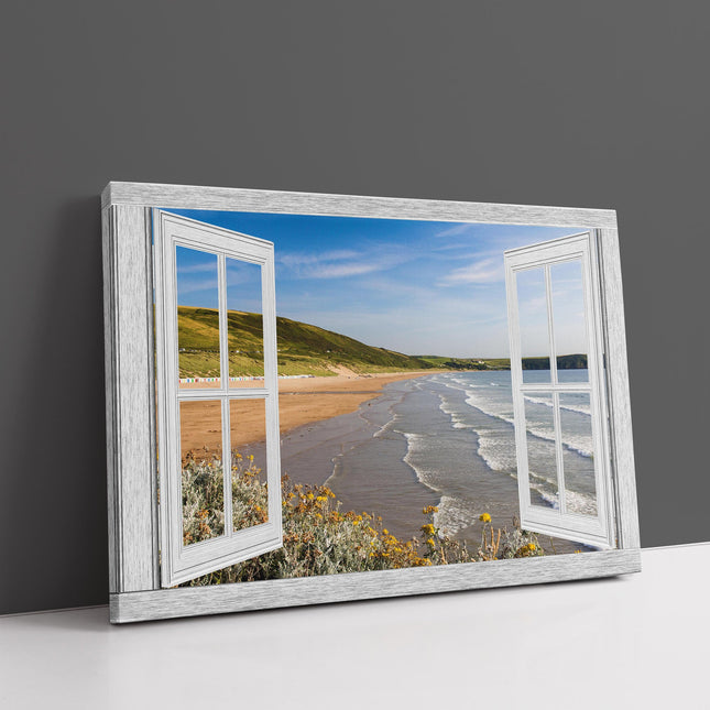 Window frame style of Woolacombe beach Devon canvas picture print