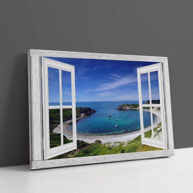 Lulworth Cove. Dorset, England. Window frame style canvas Print.