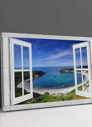 Window frame style canvas. Lulworth Cove Dorset. Canvas picture print