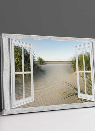 Window frame Canvas Print. Beach path through the sand dunes.