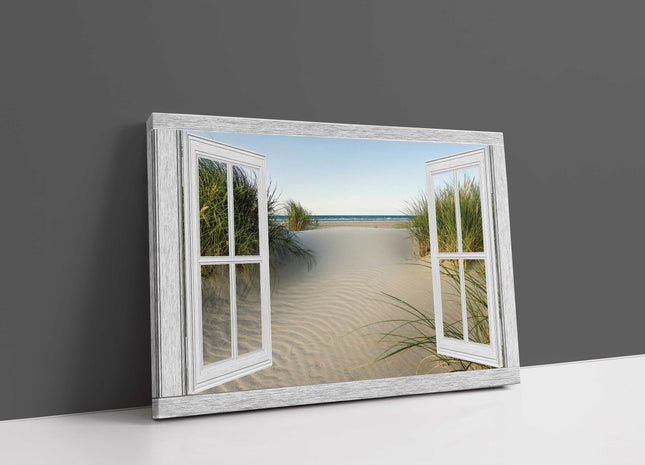 Window frame Canvas Print. Beach path through the sand dunes.