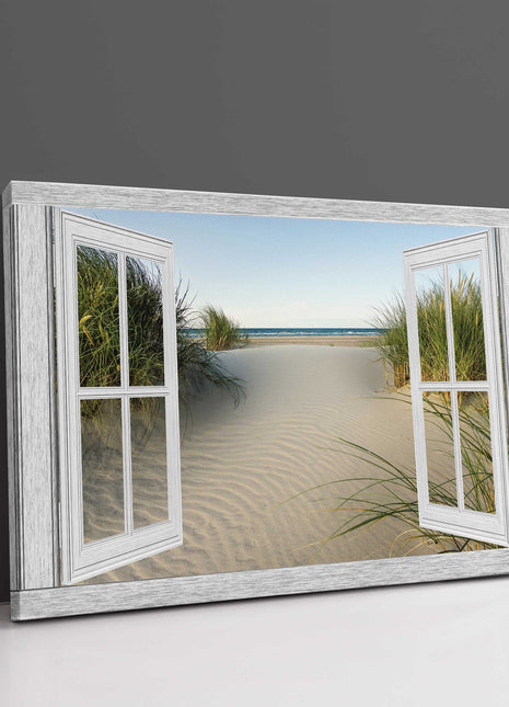 Window frame Canvas Print. Beach path through the sand dunes.