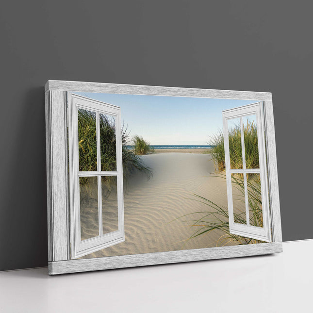 Window frame Canvas Print. Beach path through the sand dunes.