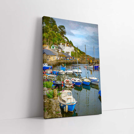 Polperro fishing harbour Cornwall. Painting, portrait canvas picture print