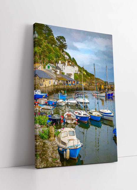 Polperro fishing harbour Cornwall. Painting, portrait canvas picture print