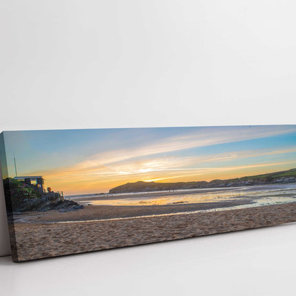 Porth beach at sunset, Cornwall. Panoramic canvas picture print. Beautiful gift.