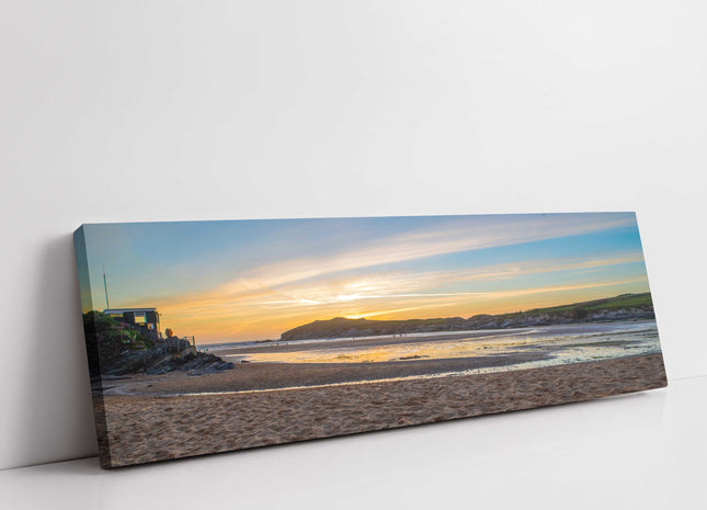 Porth beach at sunset, Cornwall. Panoramic canvas picture print. Beautiful gift.