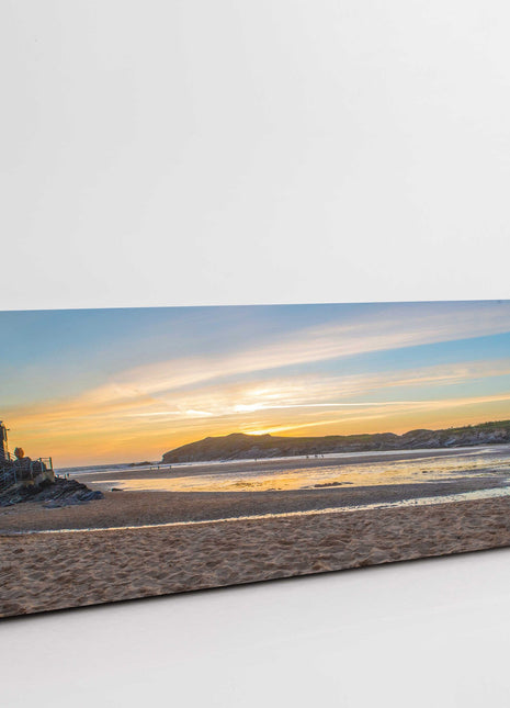 Porth beach at sunset, Cornwall. Panoramic canvas picture print. Beautiful gift.