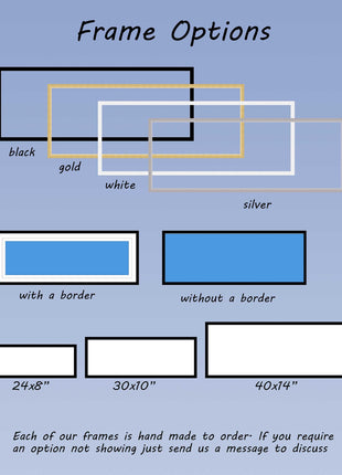 Sunflower field at sunset painting. Panoramic framed picture print. Choice of frame colour and border.