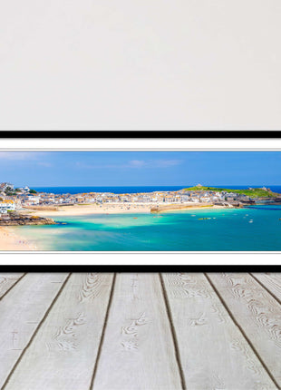st Ives harbour panoramic framed picture print Cornwall beach and tropical water