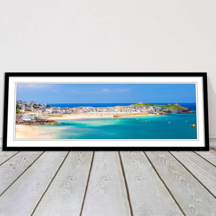 st Ives harbour panoramic framed picture print Cornwall beach and tropical water