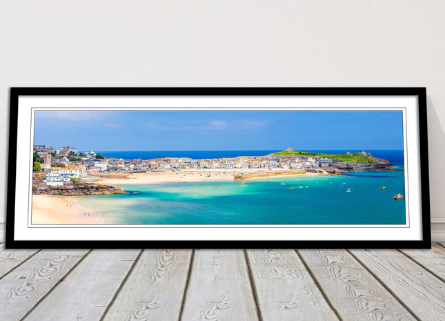 st Ives harbour panoramic framed picture print Cornwall beach and tropical water