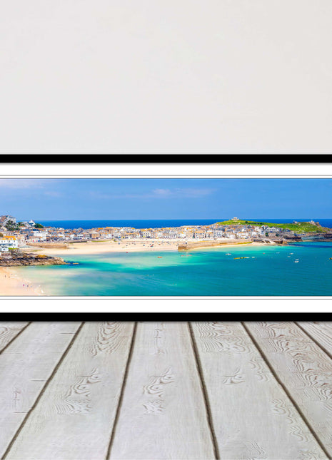 st Ives harbour panoramic framed picture print Cornwall beach and tropical water
