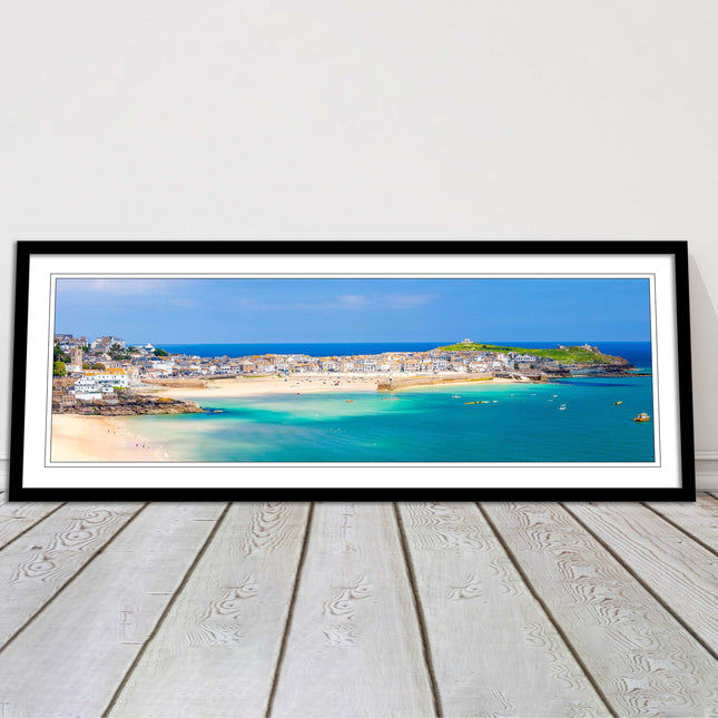st Ives harbour panoramic framed picture print Cornwall beach and tropical water