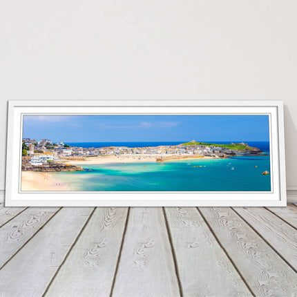 st Ives harbour panoramic framed picture print Cornwall beach and tropical water