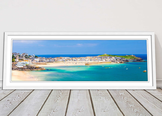 st Ives harbour panoramic framed picture print Cornwall beach and tropical water