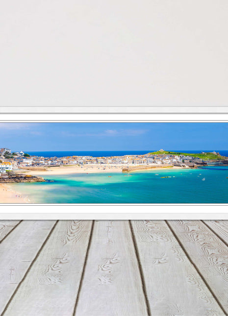 st Ives harbour panoramic framed picture print Cornwall beach and tropical water